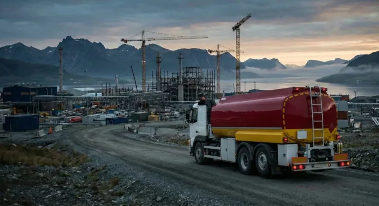 Rød tankbil ved en byggeplass